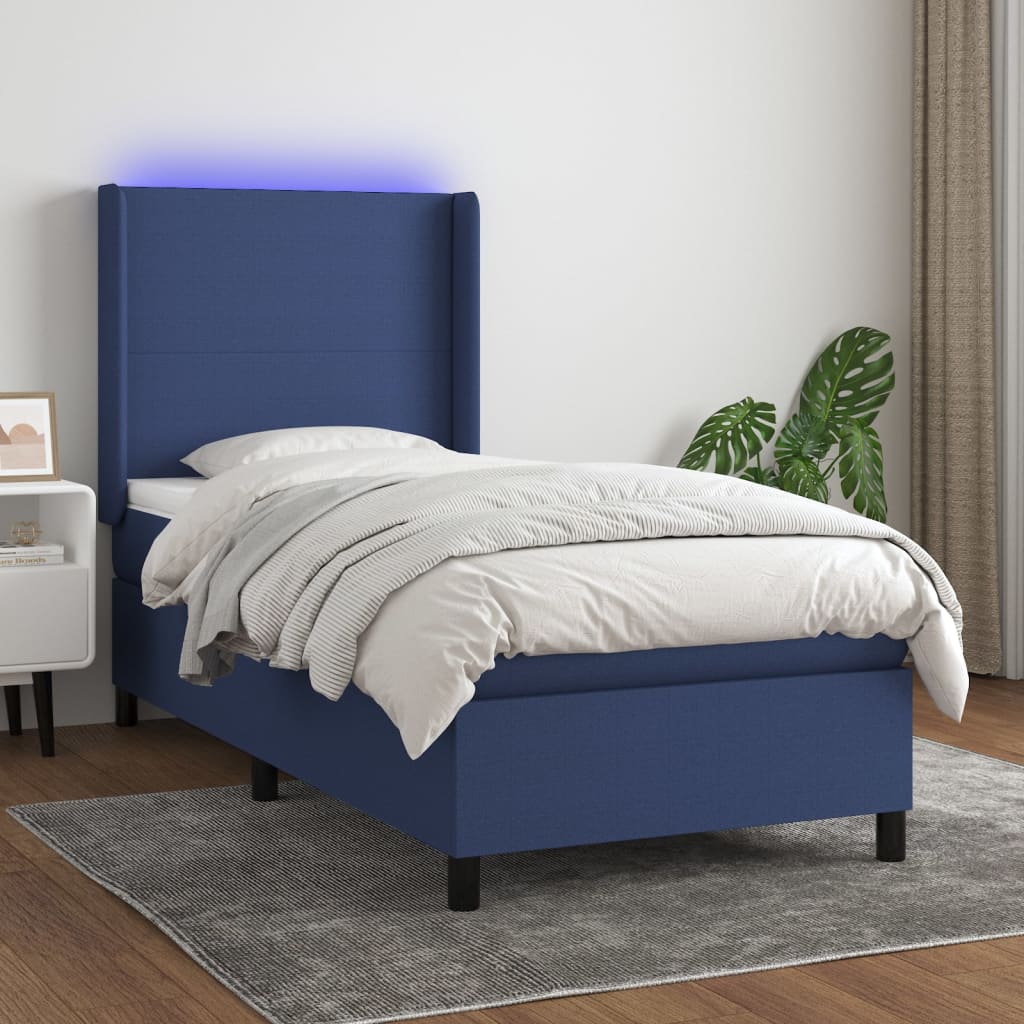 Cama Box Spring Colchón Y Luces Led Tela Azul 100x200 Cm / Vetonek_3