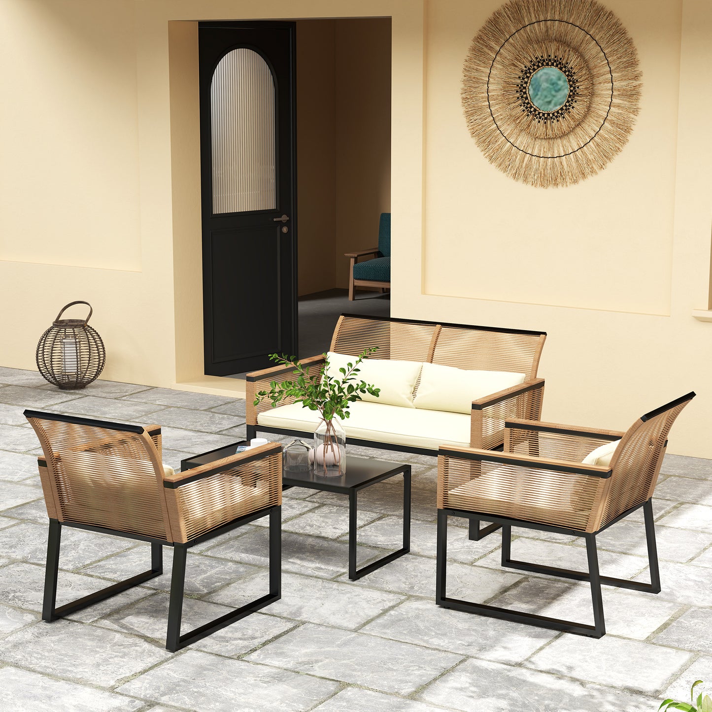 Outsunny Conjunto De Jardín Exterior De 4 Piezas De Ratán Natural Y Crema_1
