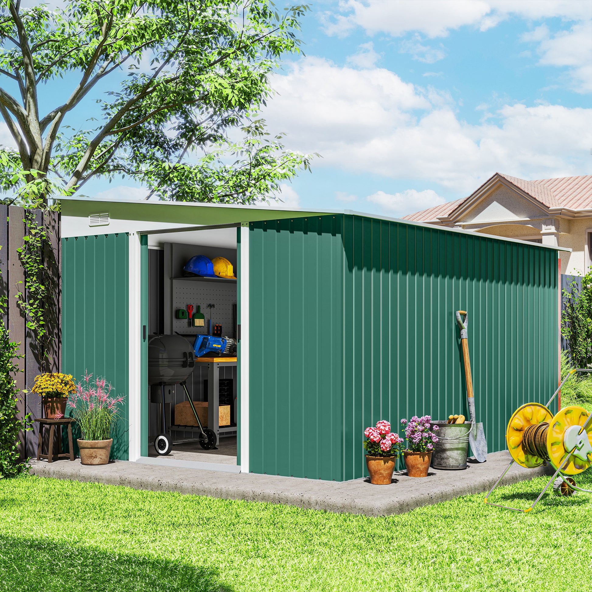 Outsunny Cobertizo De Jardín Exterior 8,9 M² 280x345x201 Cm Con 2 Puertas Verde_1