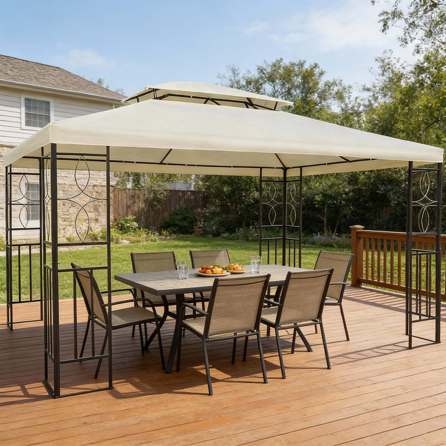 Outsunny Cenador De Jardín 4x3 M Pabellón De Jardín Con Doble Techo Crema_1