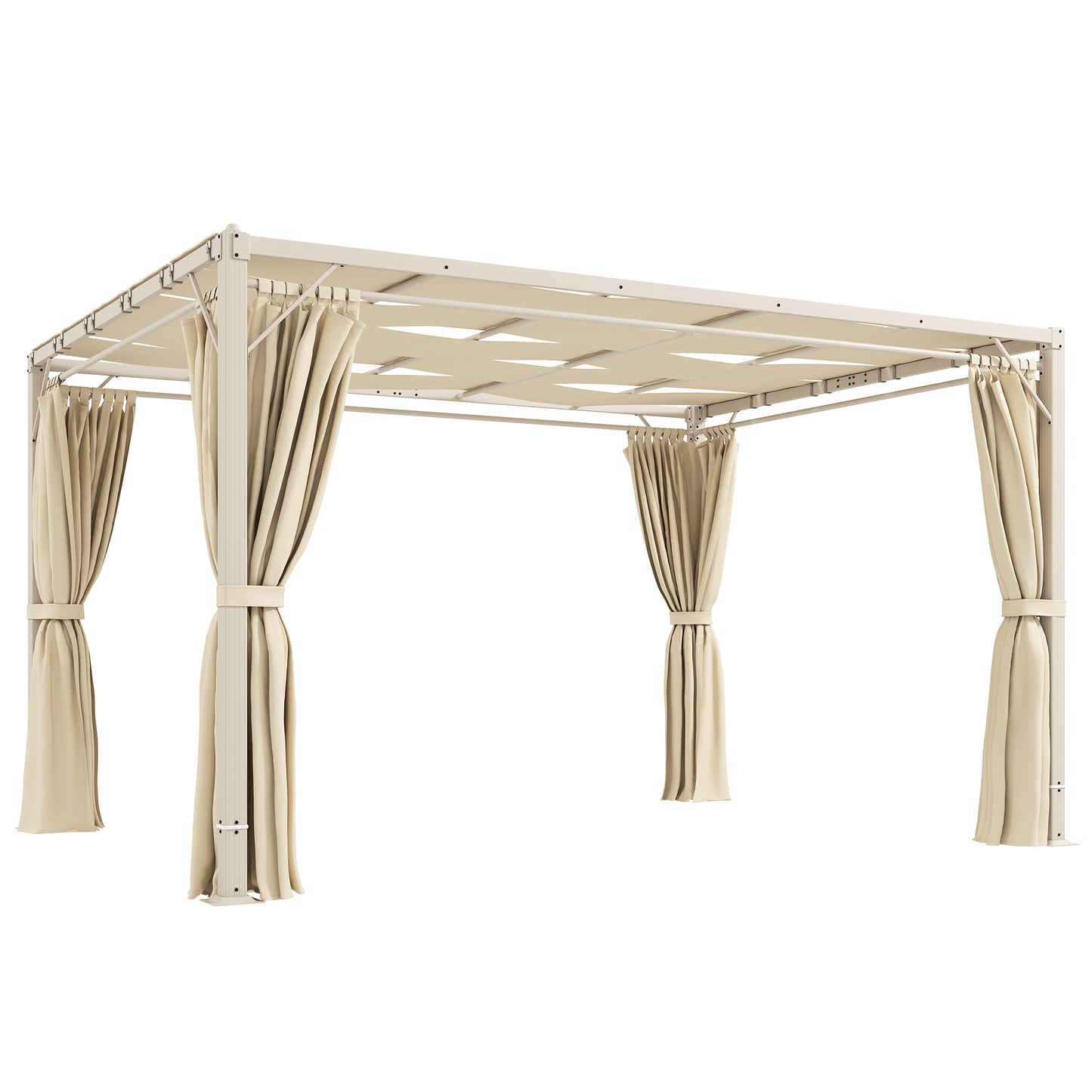 Outsunny Pérgola De Jardín 3x4 M Con Techo Ondulado Upf50+ Y Cortinas Beige_0