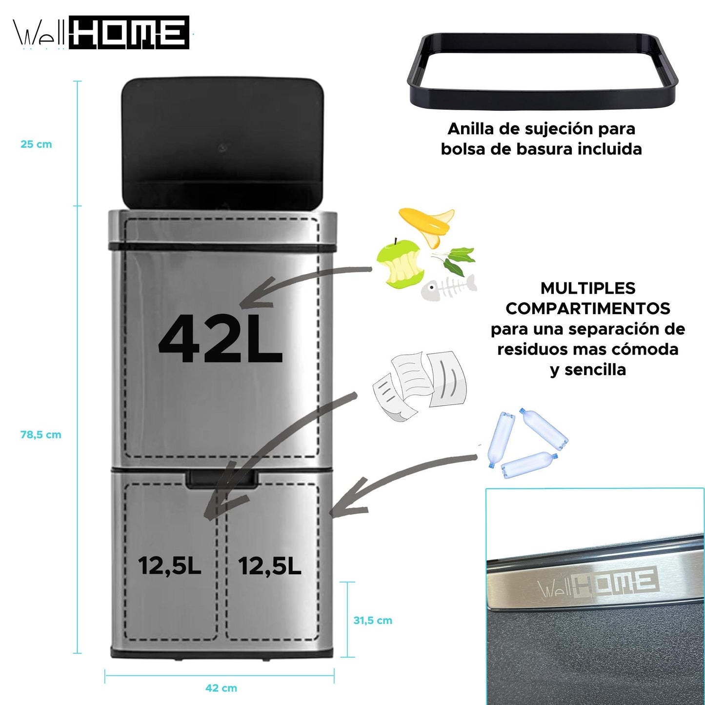 Papelera Reciclaje 67l Acero Inoxidable Cromado