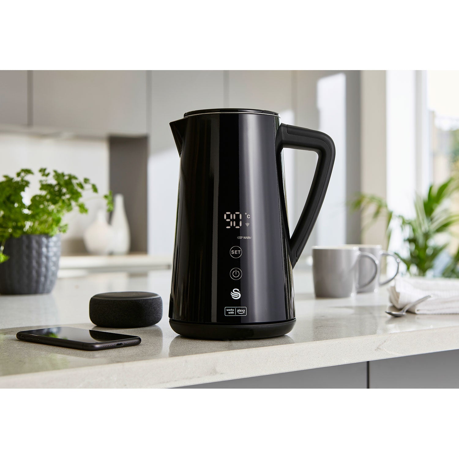 Alexa Hervidor Agua Eléctrico Inteligente Wifi Smart Kettle 1,5l Inalámbrico Control Táctil Led Swan Sk14650blkneu, Negro