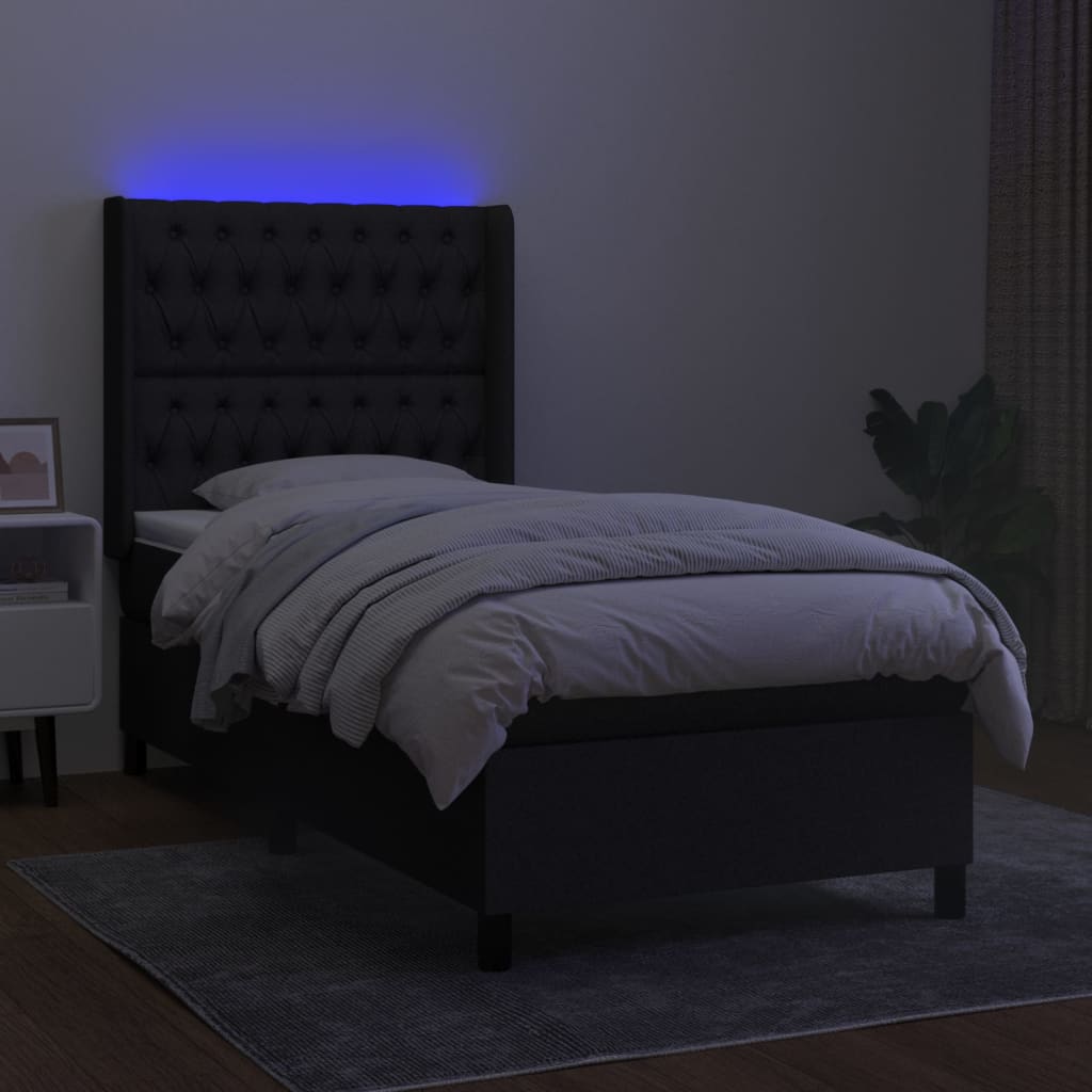 Cama Box Spring Colchón Y Luces Led Tela Negro 90x200 Cm / Vetonek_1