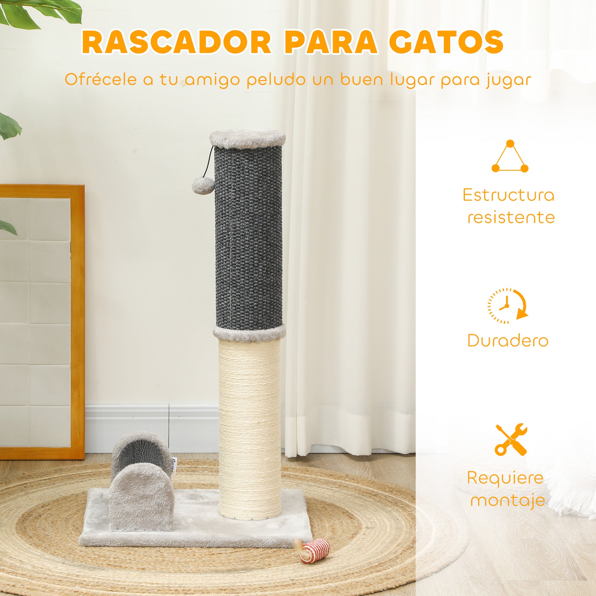 Pawhut Poste Rascador Para Gatos 85 Cm Con Cepillo De Auto Acicalado Gris Crema_5