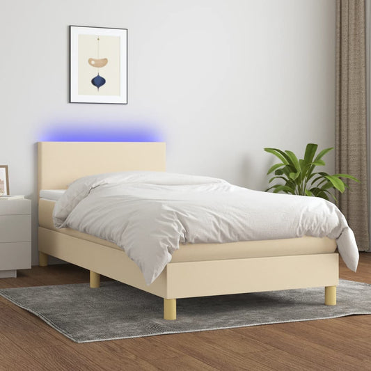 Cama Box Spring Colchón Y Luces Led Tela Crema 90x200 Cm / Vetonek_0