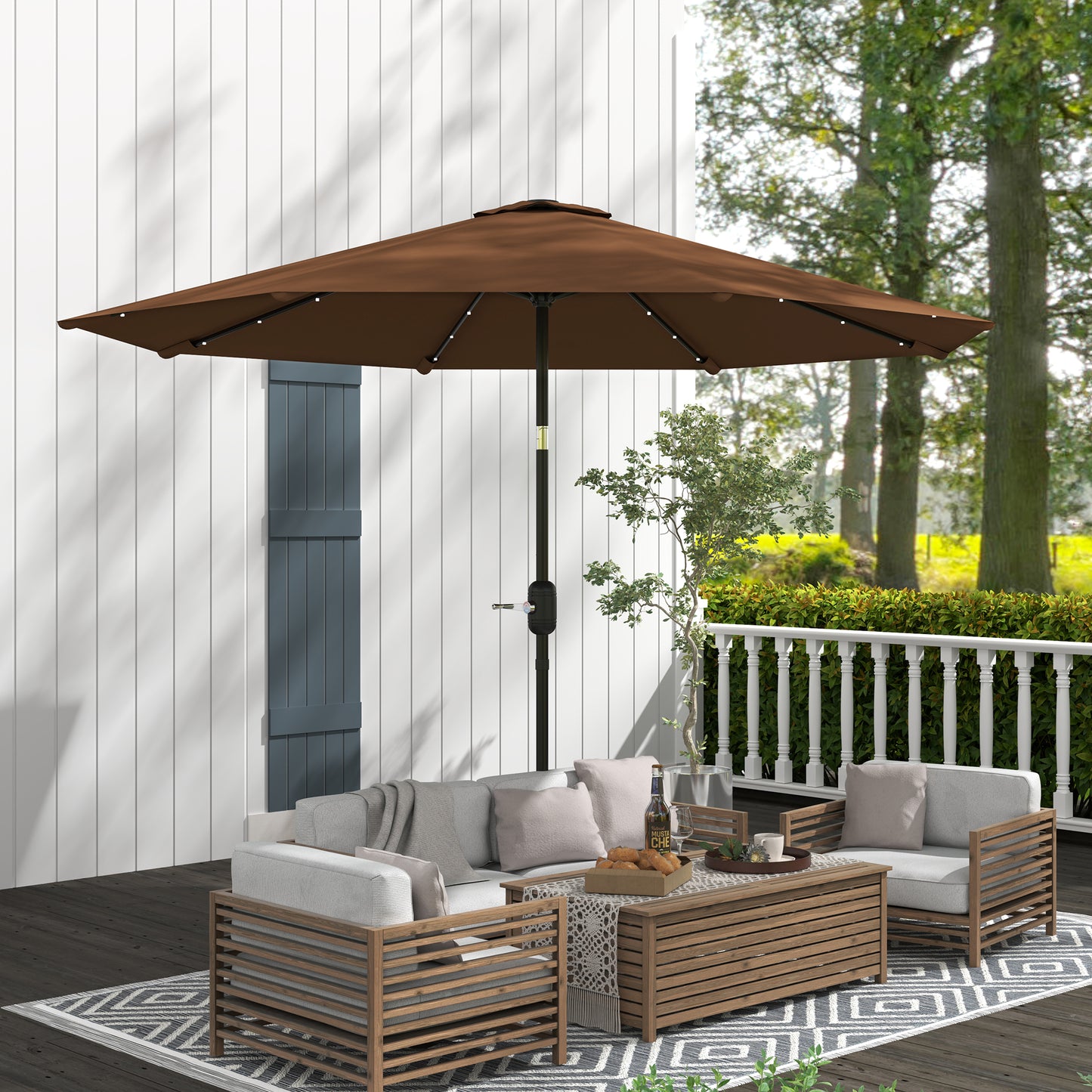 Outsunny Sombrilla Jardín Con 32 Luces Led Solares Inclinable Ø265x233 Cm Marrón_3