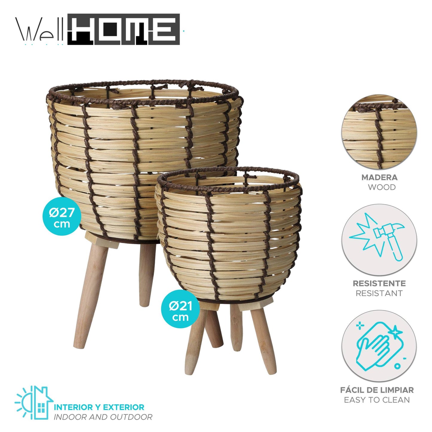 Well Home Juego De 2 Cestas Maceteros De Madera Con Patas Ø21ø27cm_1