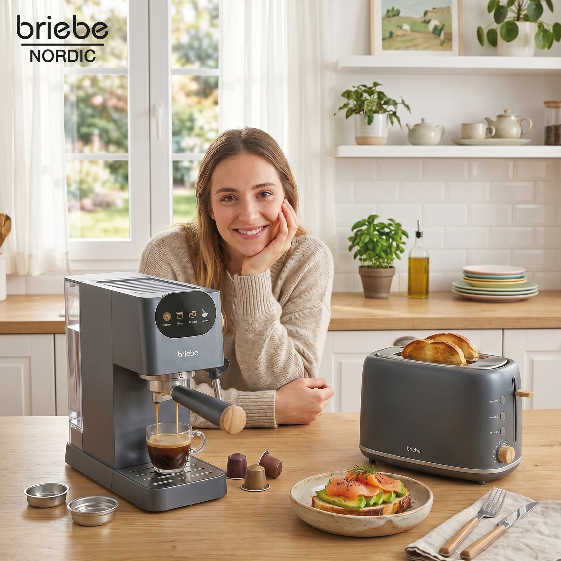 Briebe Nordic Set Cafetera 20 Bares Cápsulas, Café Molido Espumador Leche Tostadora 2 Rebanadas Anchas, Skt1221gry,gris_1