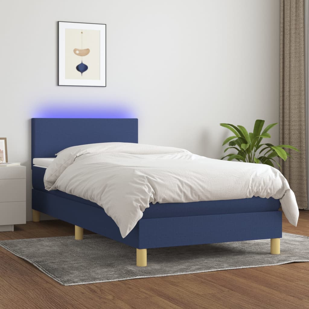 Cama Box Spring Colchón Y Luces Led Tela Azul 100x200 Cm / Vetonek_3