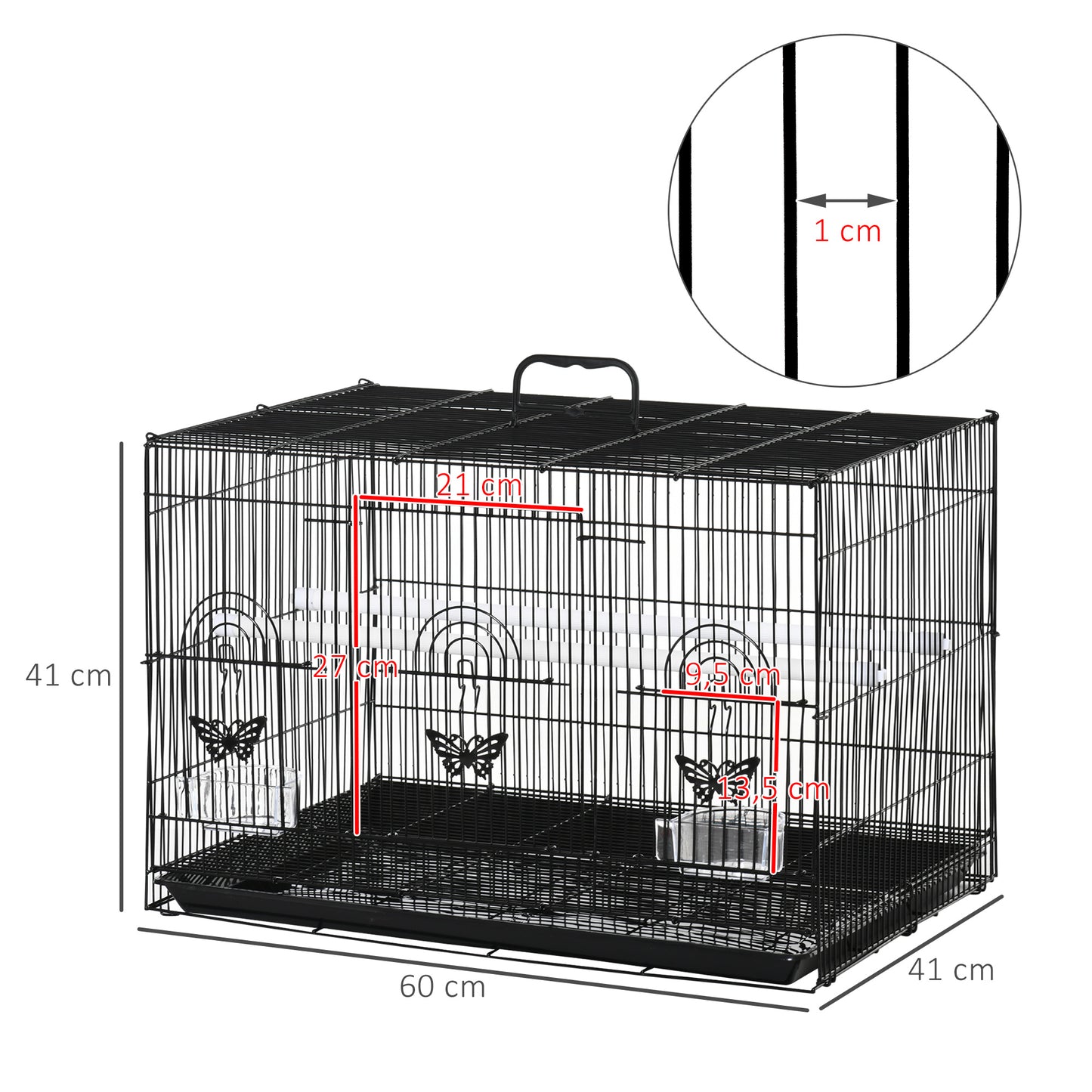 Pawhut Jaula Para Pájaros De Metal 60x41x41 Cm Con Comederos Y 2 Perchas Negro_2