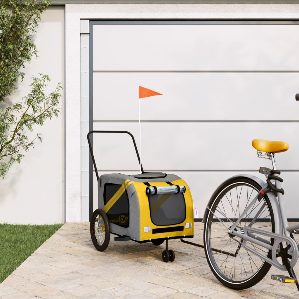 Vidaxl Remolque De Bicicleta Mascotas Hierro Tela Oxford Amarillo Gris_1