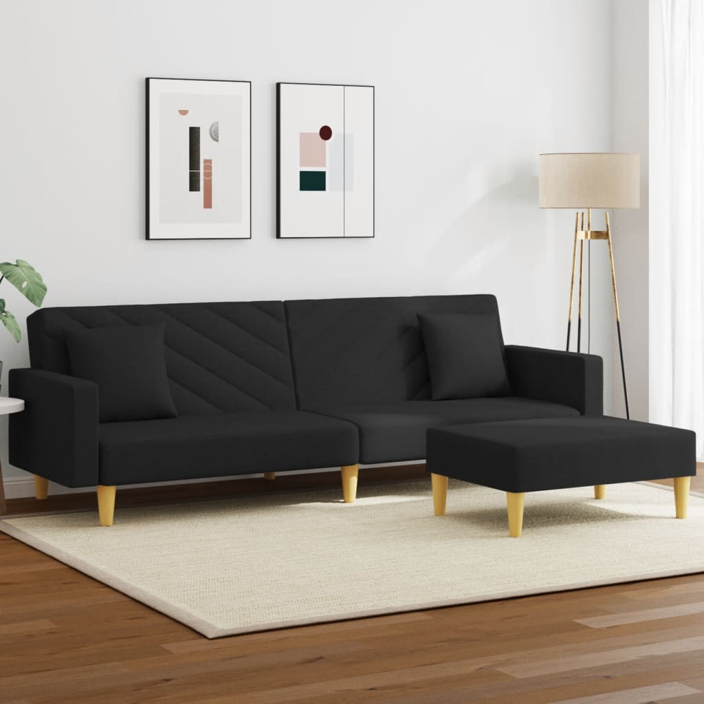 Sofá Cama De 2 Plazas Con Almohadas Y Taburete Tela Negro / Vetonek_3