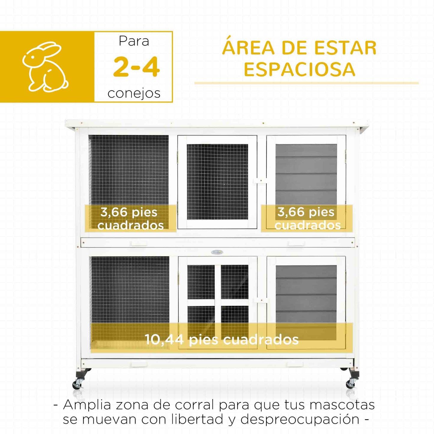 Pawhut Conejera De Madera De 2 Niveles Con Ruedas Y Techo Blanco Y Gris_3