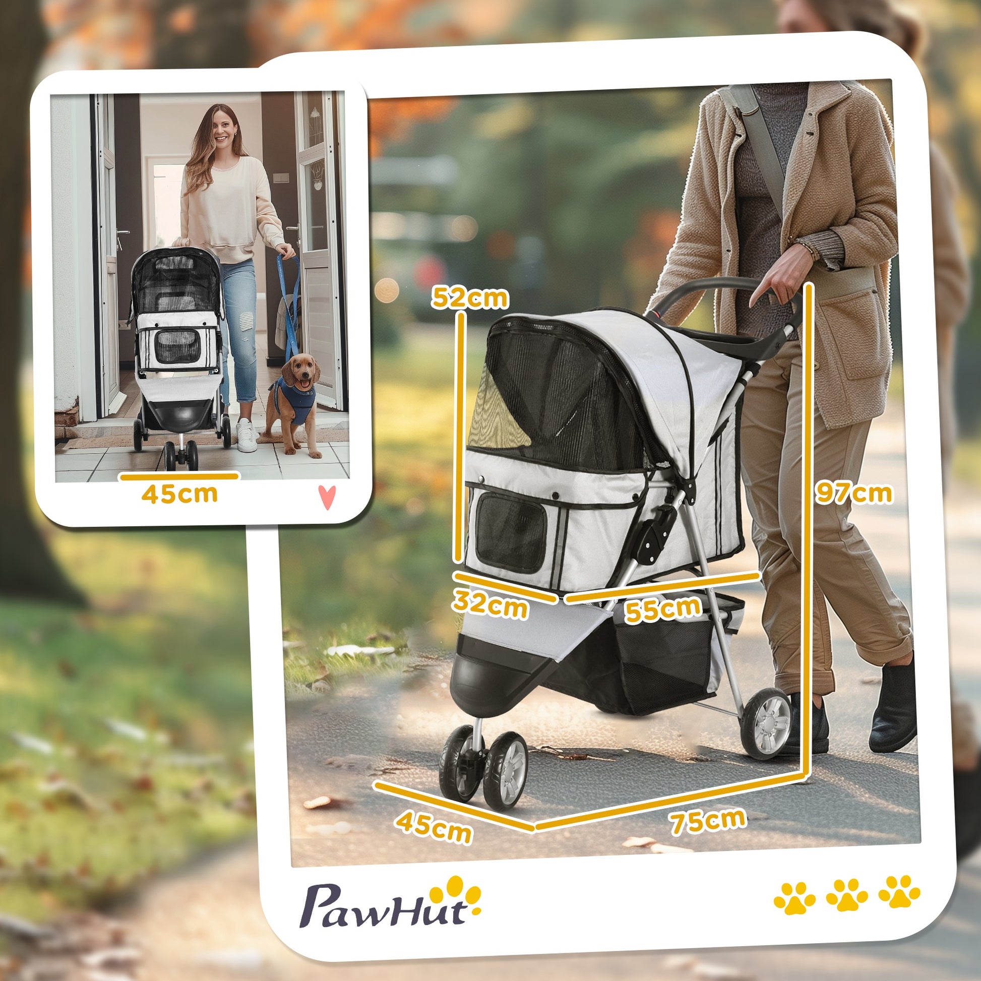 Pawhut Carrito Para Perros Plegable Con Cesta De Almacenaje 75x45x97 Cm Gris_2