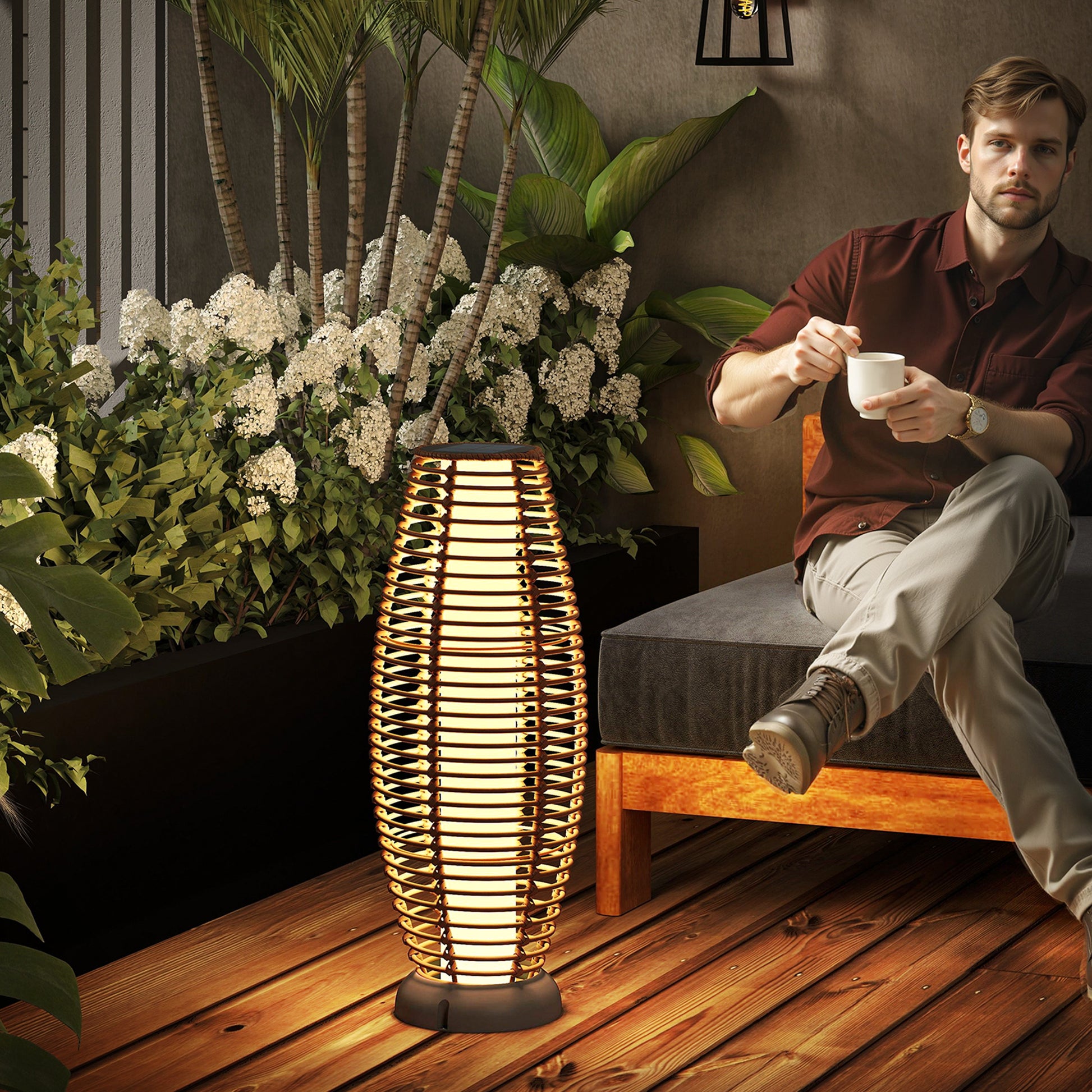 Outsunny Linterna De Jardín De Ratán Sintético Con Luces Led Ø26x72 Cm Natural_1