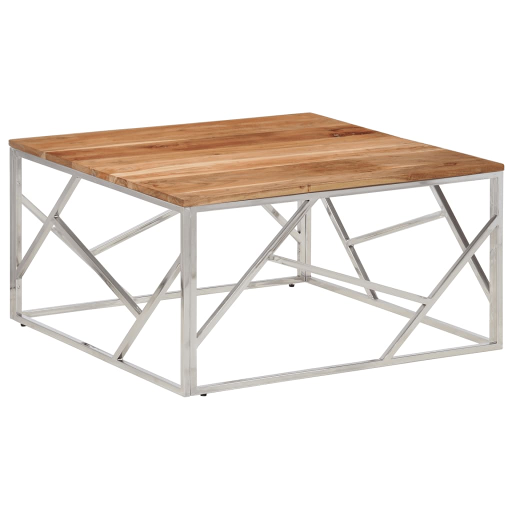 Mesa De Centro Acero Inoxidable Plateado Y Madera Maciza Acacia_0