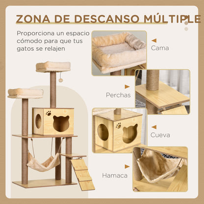 Pawhut Árbol Rascador Para Gatos Altura 130cm Con Postes De Yute 2 Camas Natural_3