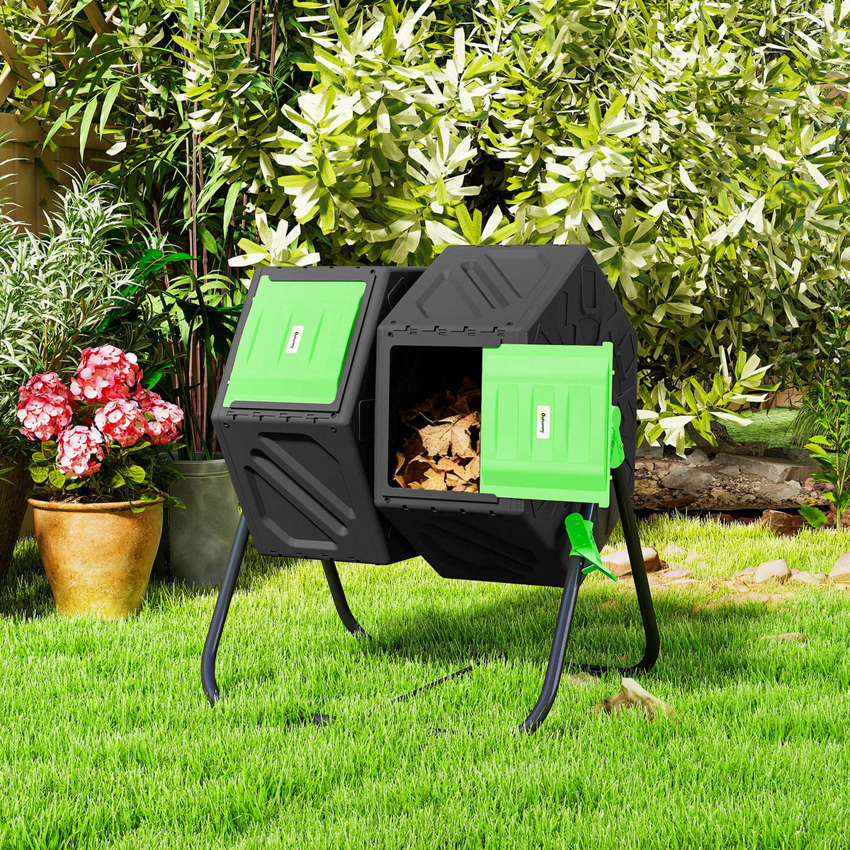 Outsunny Compostador Giratorio 130l De Doble Cámara 67x60x77 Cm Negro_1
