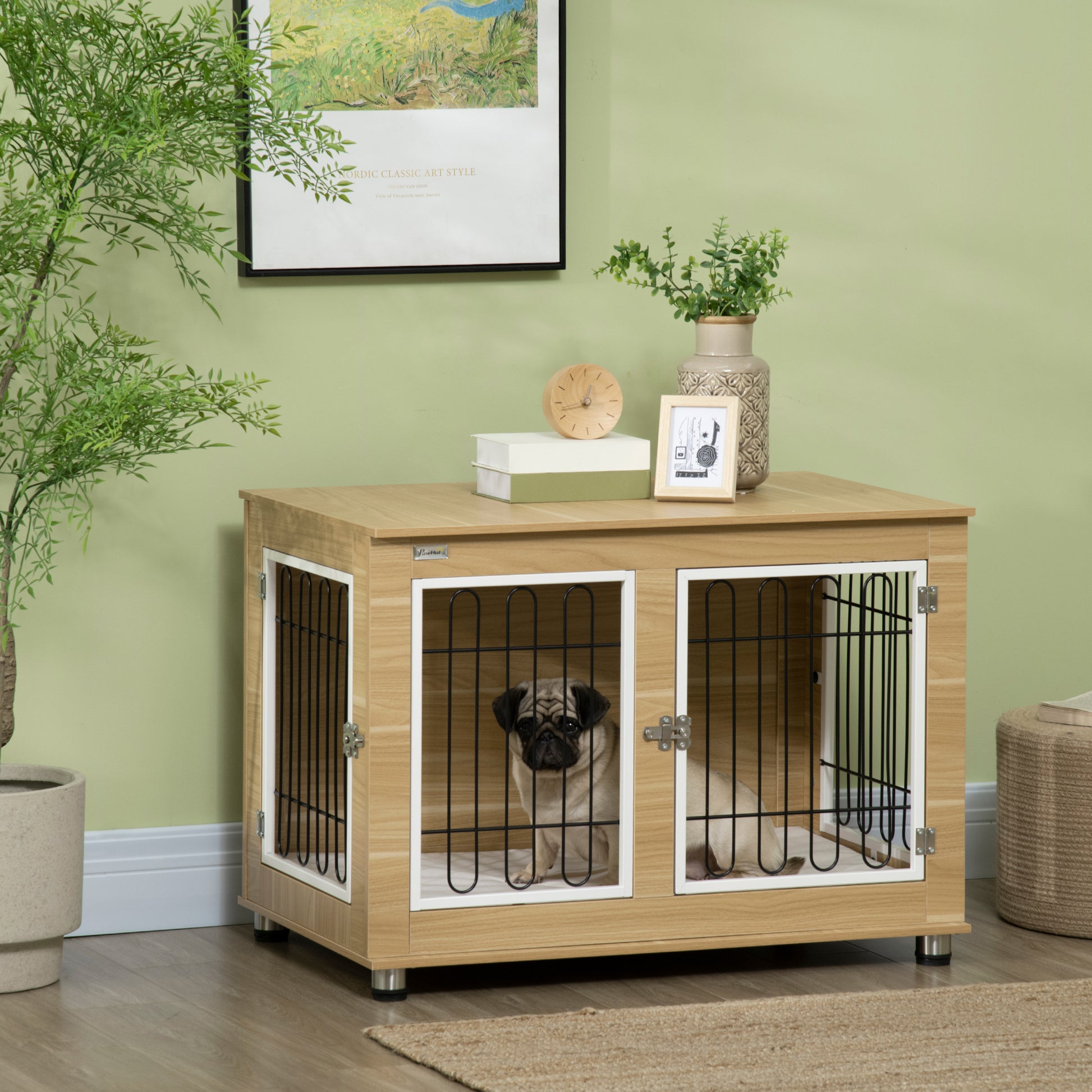 Pawhut Jaula Para Perros Con Cojín Lavable Estructura De Acero 90x58x65 Cm Roble_1
