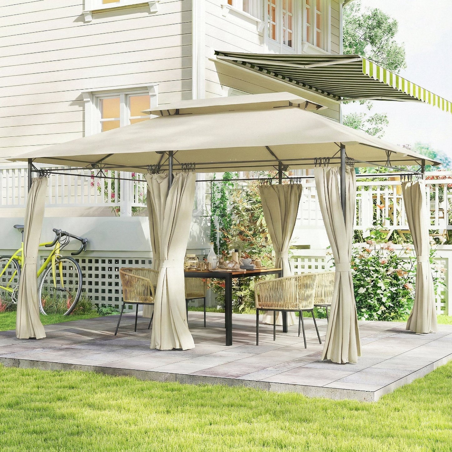 Outsunny Cenador De Jardín 4x3 M Con Doble Techo Paredes Laterales Beige_1