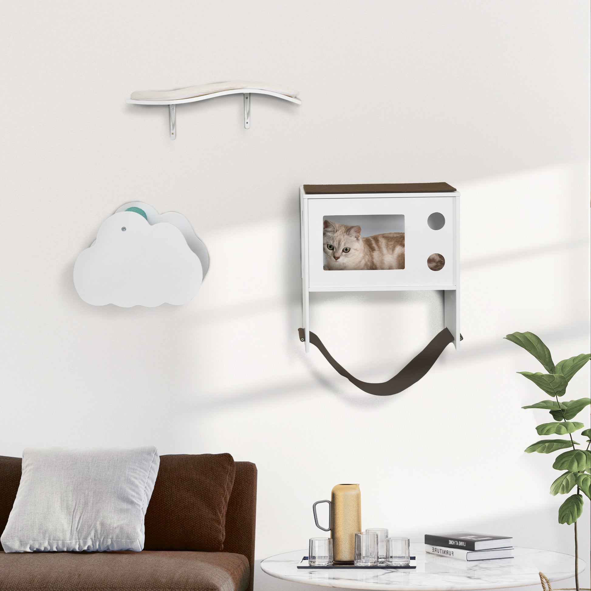 Pawhut Estantes Para Gatos De Pared De 3 Piezas Con Caseta Plataformas Hamaca_1