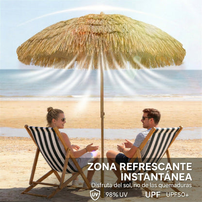 Outsunny Sombrilla De Playa Con Flecos De Paja Ø178 Cm Inclinación Marrón Claro_5