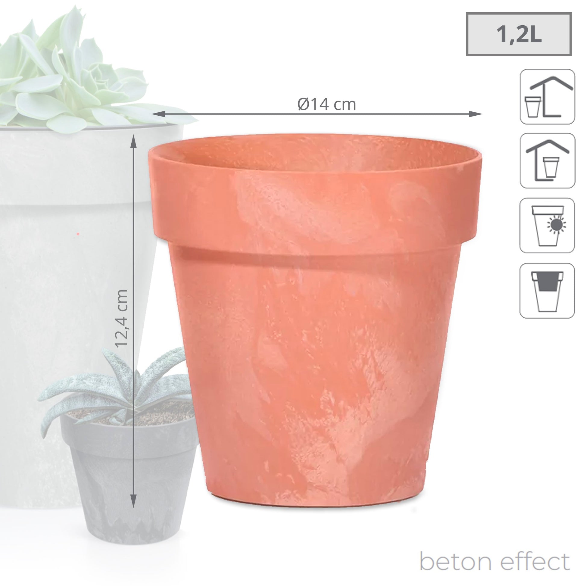 Maceta Cube Beton Effect 1,2l., Dimensiones (mm) 140x140x124, Color Terracota