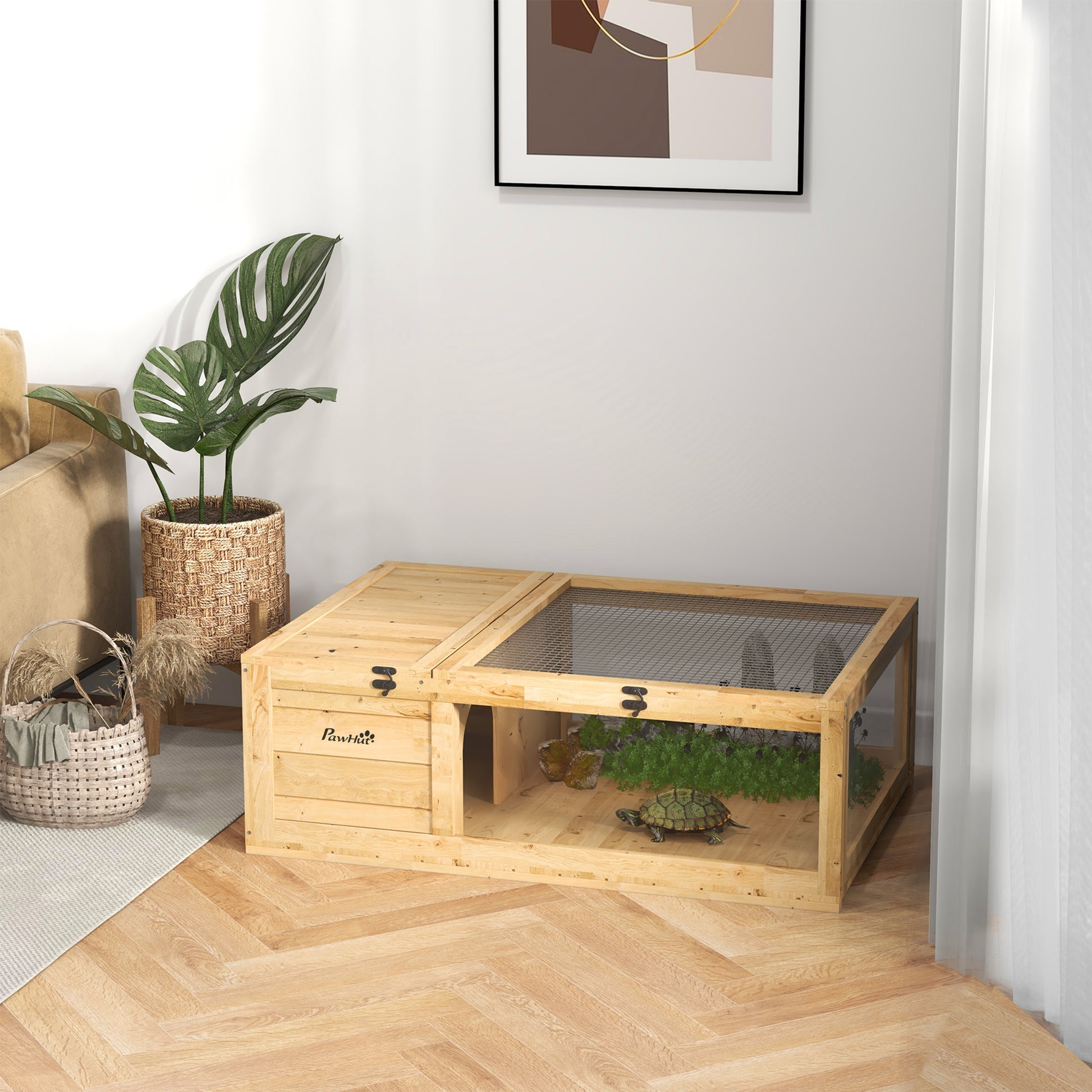 Pawhut Casa Para Tortugas De Madera Con Techo De Malla 91x60,5x32 Cm Natural_1