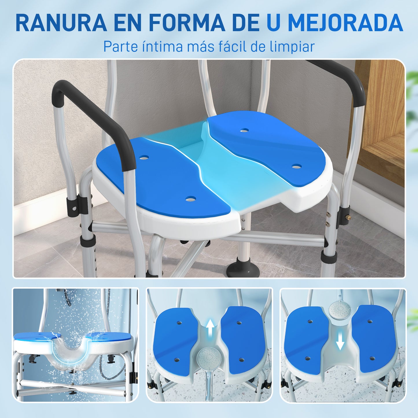 Homcom Silla Ducha Personas Mayores Con Asiento Ranurado Carga 136 Kg Azul_3