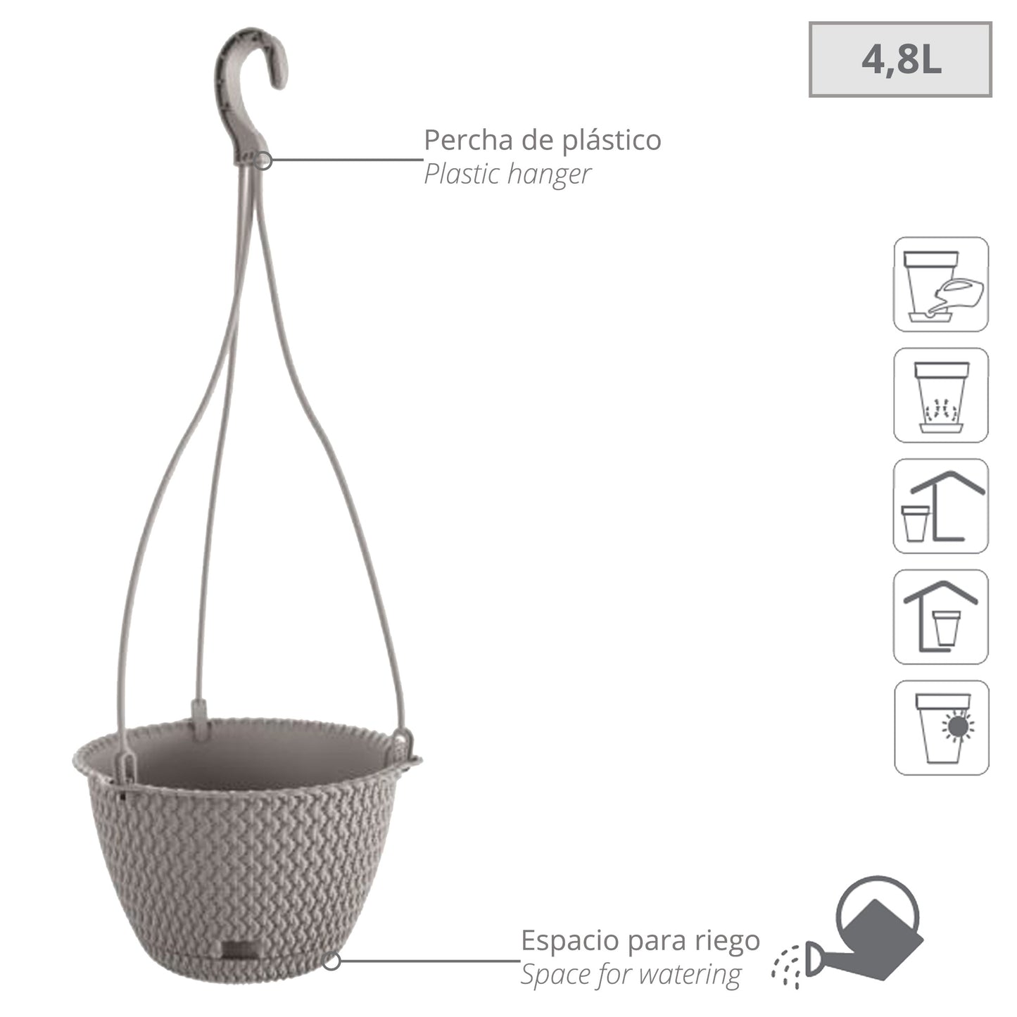 Maceta Redonda Colgante 4,8l Prosperplast Splofy Round W De Plastico En Color Gris, Ø27 X 16,6 Cm_1