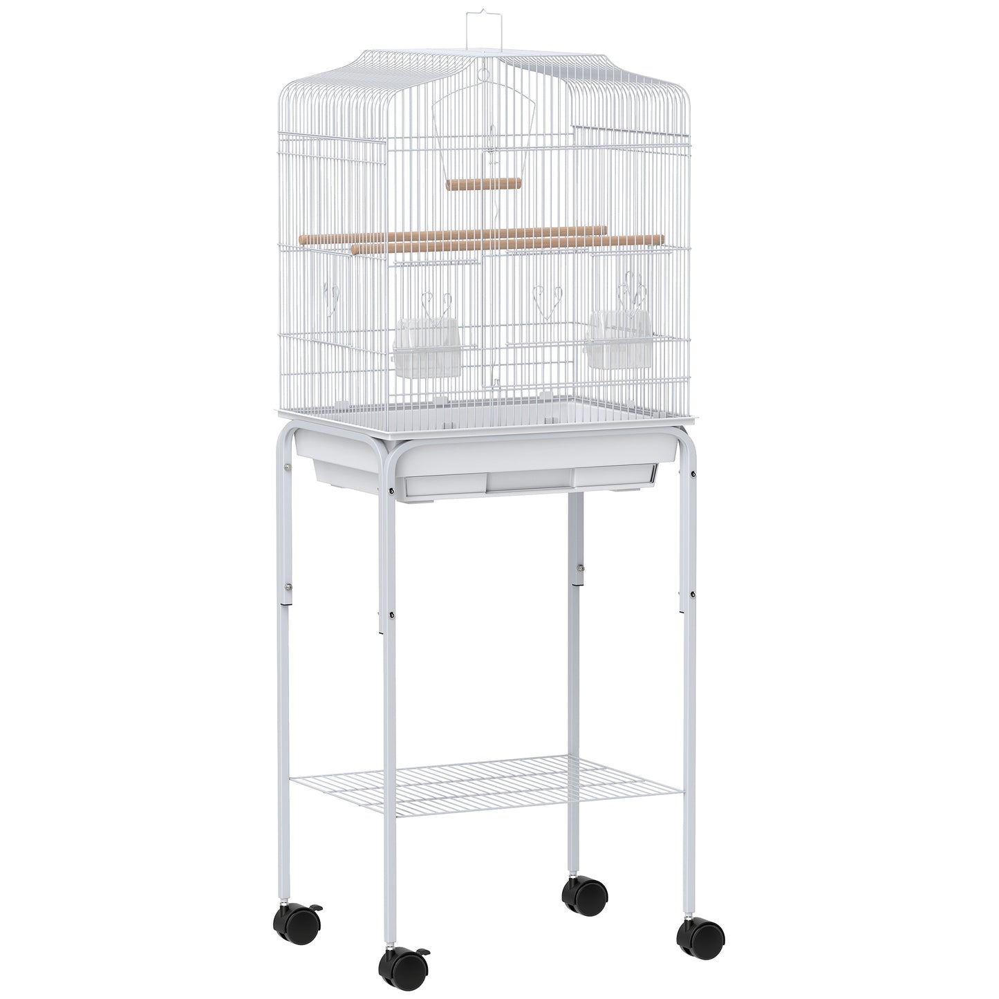 Pawhut Jaula Para Pájaros Con Ruedas Estante Comederos 46,5x36x124 Cm Blanco_0