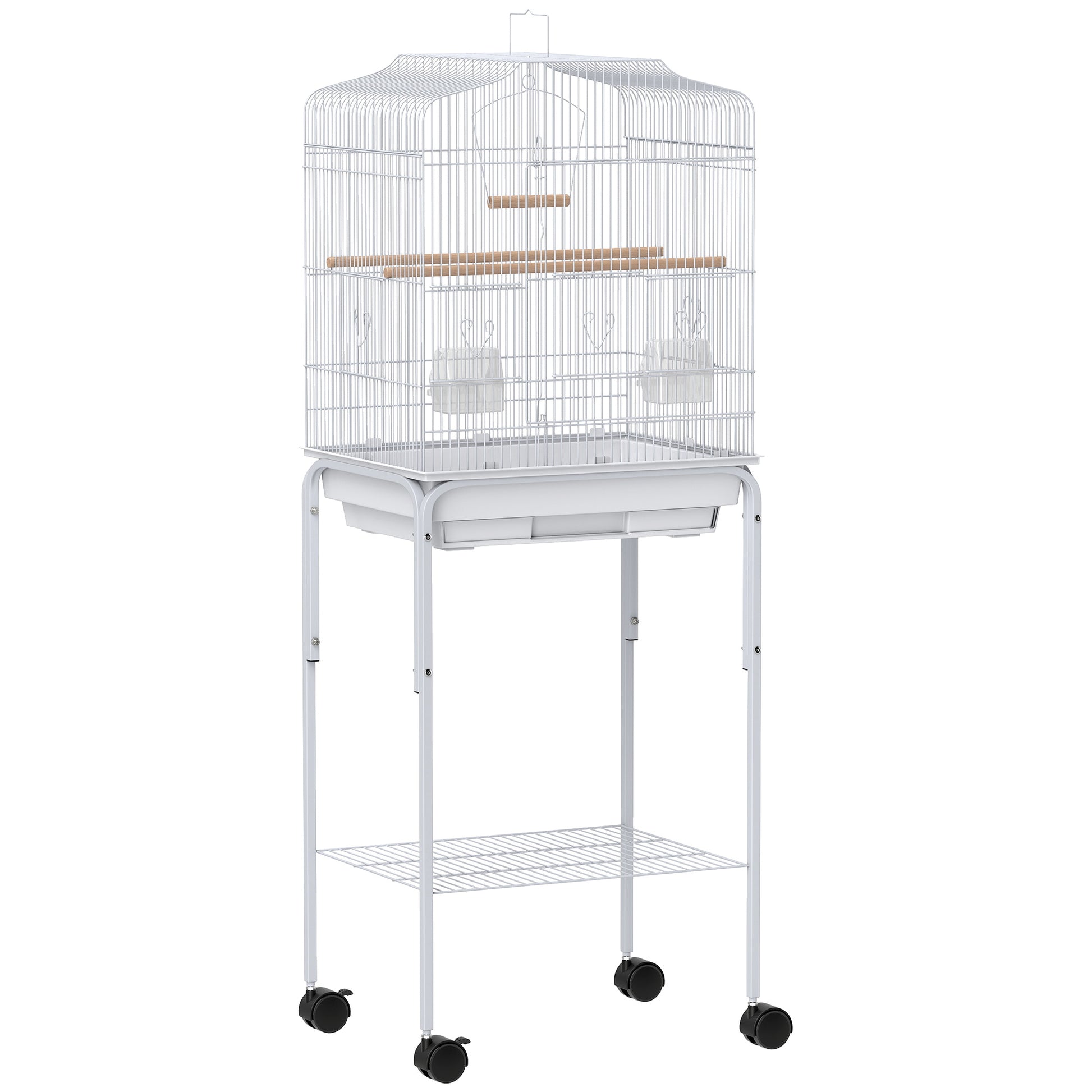 Pawhut Jaula Para Pájaros Con Ruedas Estante Comederos 46,5x36x124 Cm Blanco_0