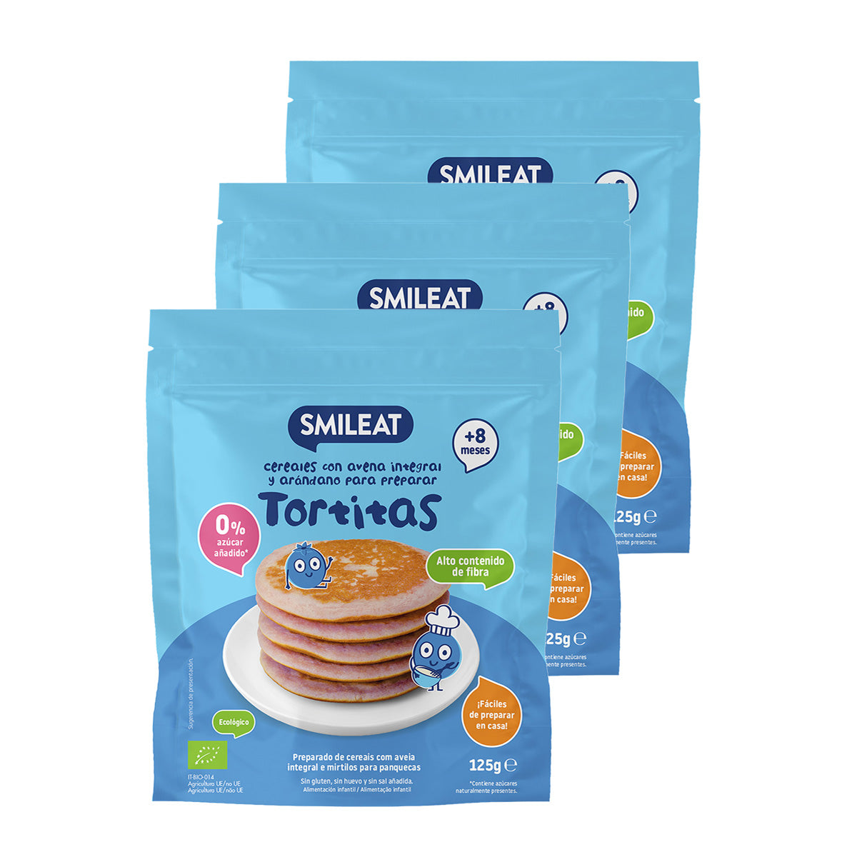 Pack 3x Mix Tortitas Avena integral y arándanos ECO, Smileat, 125 g