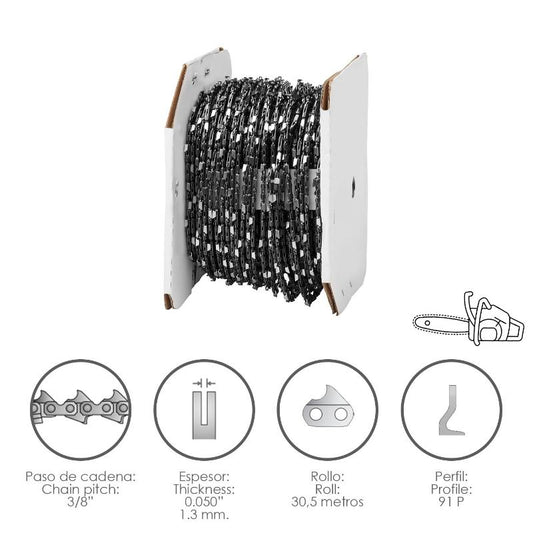 Cadena Motosierra 3/8 / 0.050 1,3 Mm. / 91 P / Rollo 30,5 Metros.