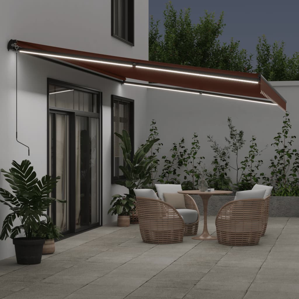 Toldo Retráctil Manual Con Luces Led Marrón 500x350 Cm_2