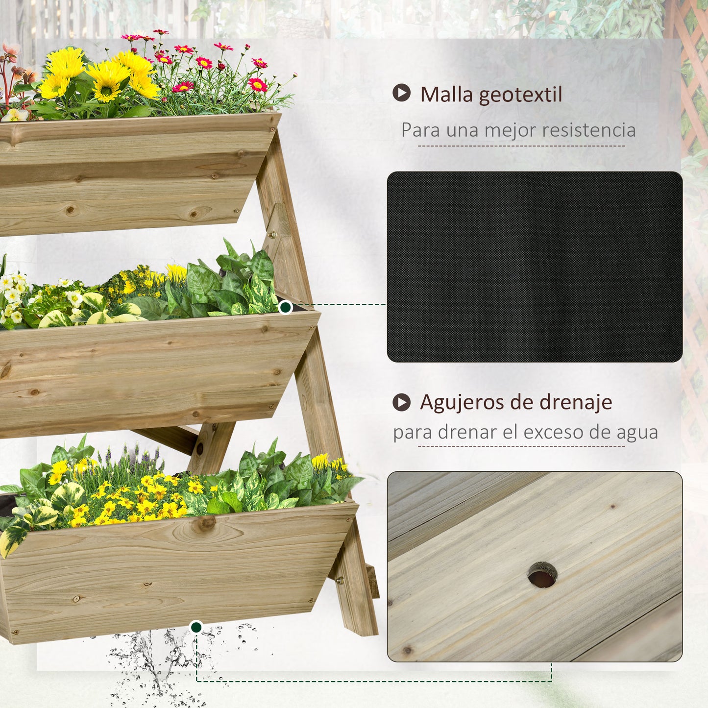 Outsunny Jardinera De Escalera 3 Pisos De Madera Con Tela No Tejida 71x61x77 Cm_4