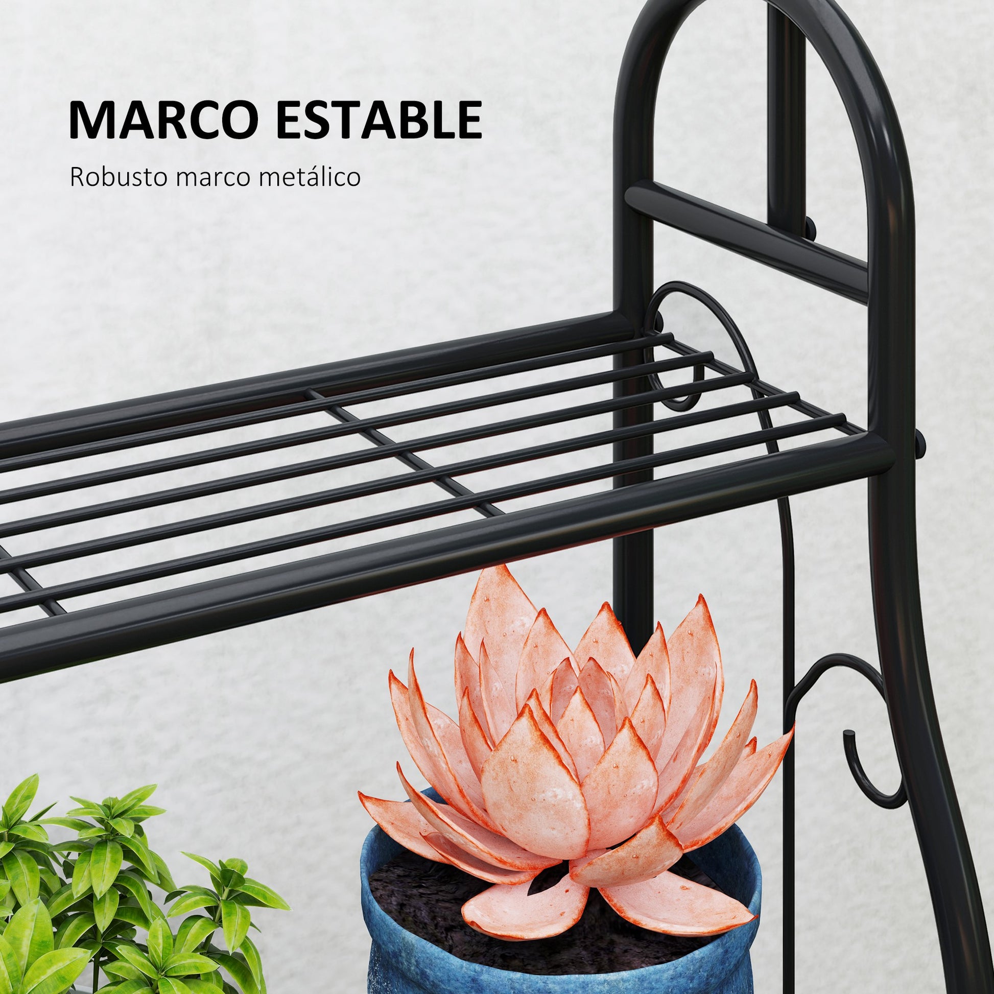 Outsunny Soporte Para Plantas De 3 Niveles Con Ganchos Barra Para Colgar Negro_5