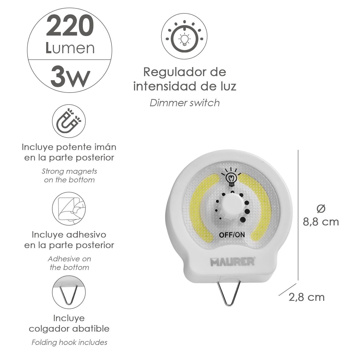 Linterna Led Armario Dinmerable A Pilas (3 Aaa) 220 Lumenes Con Iman, Gancho Y Adhesivo