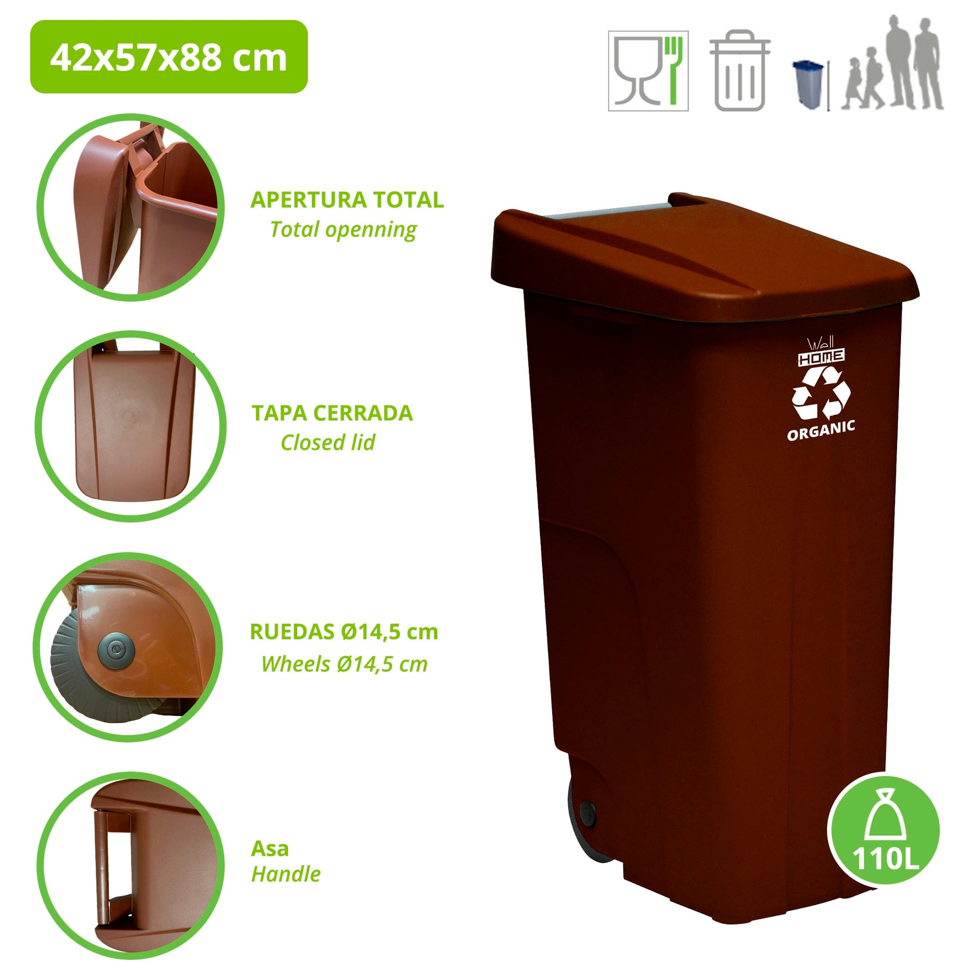 Contenedor Wellhome Reciclo 110 Litros, Cerrado Con Tapa, Ideal Para Reciclaje De Residuos Orgánicos, Con Ruedas + 3x Bolsas De Basura De 10 Unidades