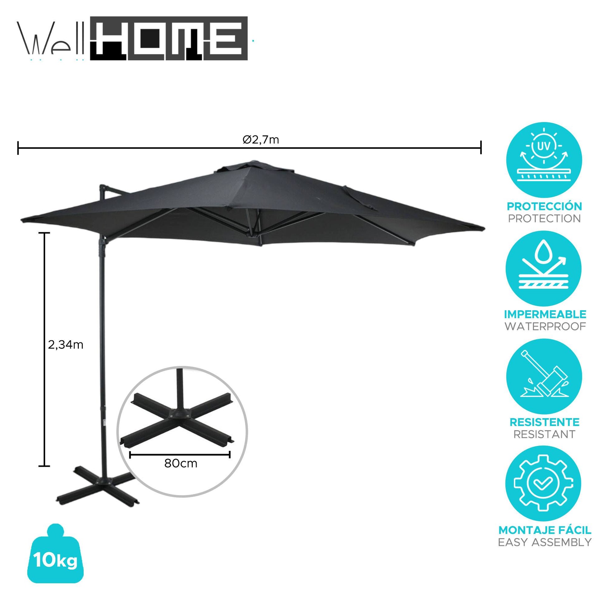 Well Home - Sombrilla Colgante Push Up Ø270cm Antracita Con Base De Acero Cruzado