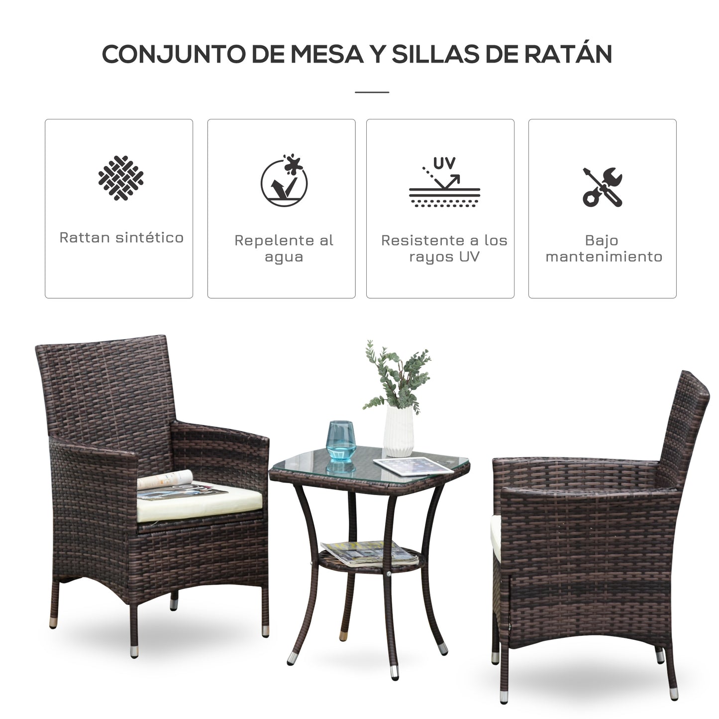 Outsunny Conjunto De Ratán 1 Mesa 2 Sillas Para Jardín Exterior Patio Terraza_3
