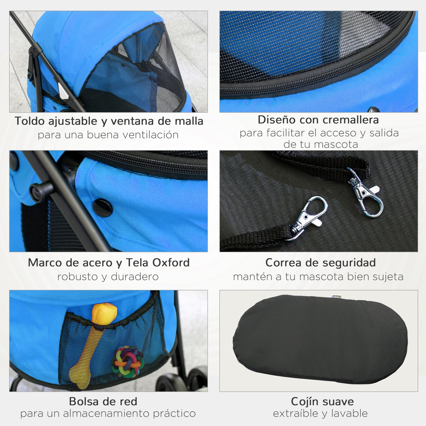 Pawhut Carrito Para Perros Plegable Con Ventanas De Malla Cojín Lavable Azul_5