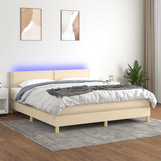 Cama Box Spring Con Colchón Y Led Tela Crema 180x200 Cm / Vetonek_0