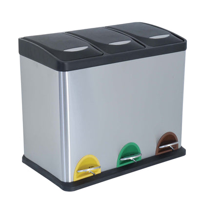 Cubo De Basura 24 Litros Ecologico Con 3 Compartimentos, Cromado, En Acero Inoxidable 46 X 26,5 X 39,5 Cm._0