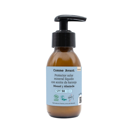 Protector solar mineral líquido SPF50 con aceite de karanja Monoi y Almizcle Comme Avant 105 ml