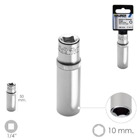 Llave Vaso Larga 1/4 / 10 Mm. Hexagonal. / Longitud 50 Mm. Realizada En Acero Cromo Vanadio