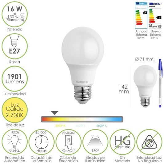 Bombilla Led Estandar Rosca E27. 16 Watt. Equivale A 130 Watt. 1901 Lumenes. Luz Calida 2.700º K._0