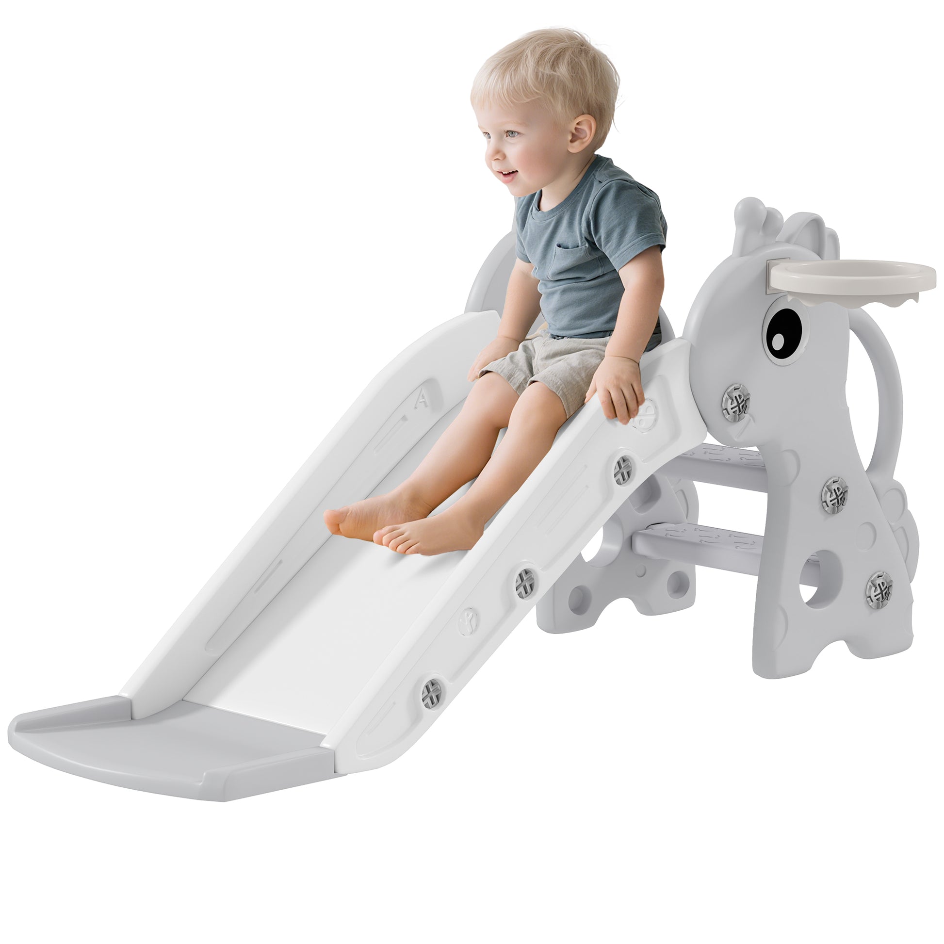 Aiyaplay Tobogán Infantil 3 En 1 Con Canasta De Baloncesto 106x51,5x52 Cm Gris_0
