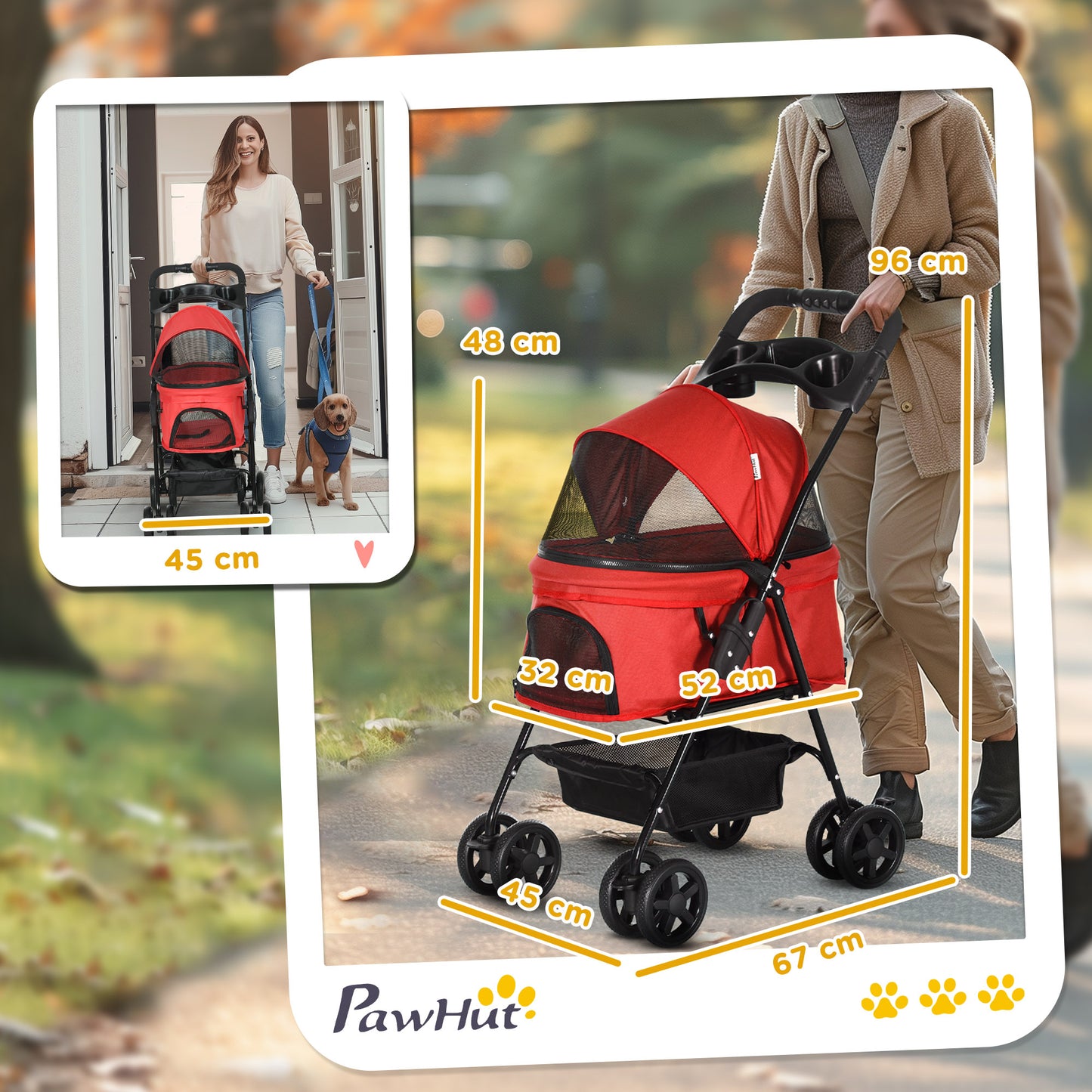 Pawhut Cochecito Para Perros Plegable Con Ruedas Universales 67x45x96 Cm Rojo_2